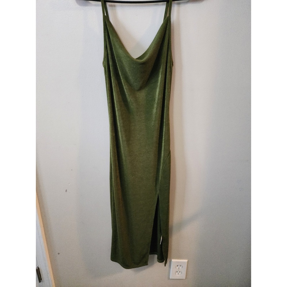SHEIN Olive Green Cowl Neck Midi Slip Dress Side Slit Spaghetti Strap